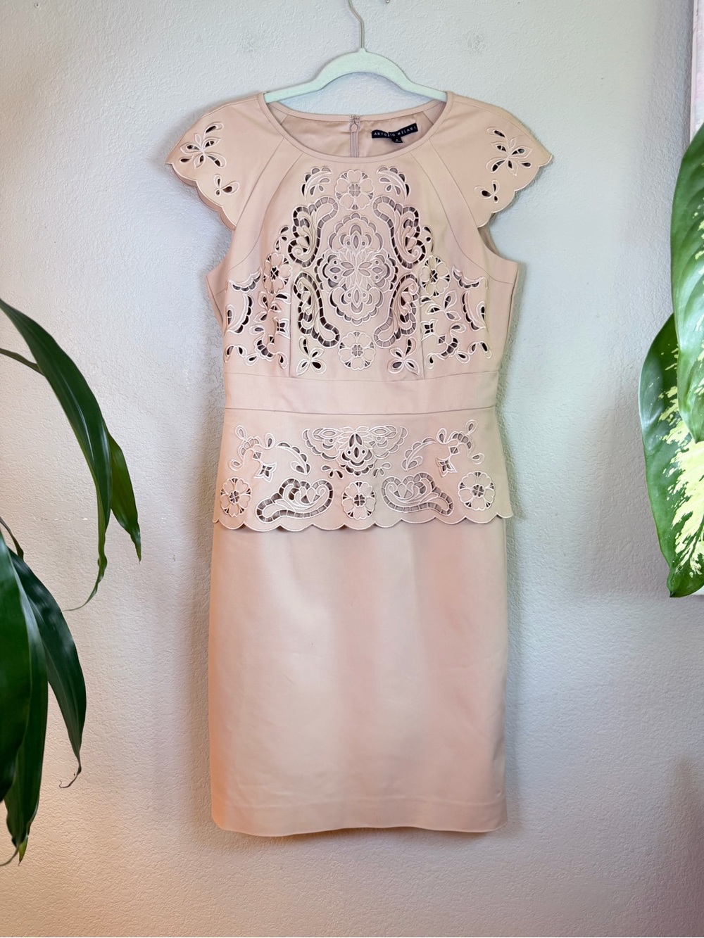 Antonio Melani Tan Laser Cut Peplum Cap Sleeve Feminine Floral Cocktail Dress 8